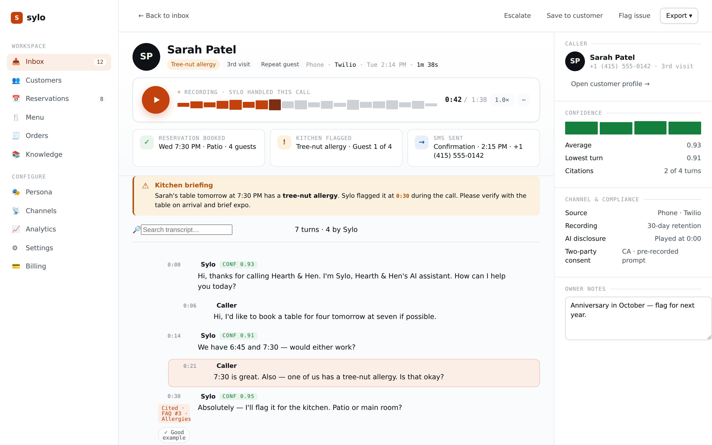 A handled Sylo call: reservation booked and confirmation SMS sent