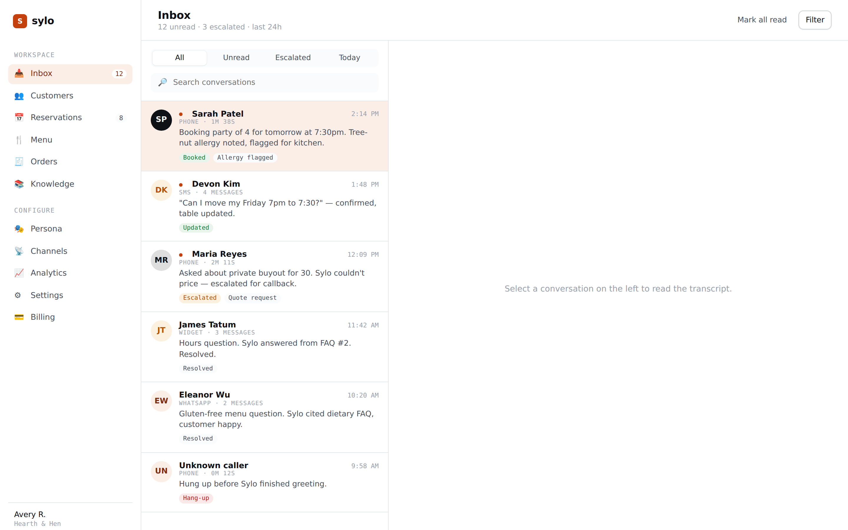 Sylo inbox listing handled conversations across channels